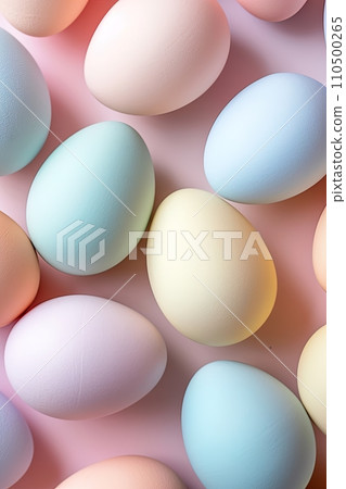 Pastel Easter eggs with speckled patterns. Ideal for holiday backgrounds. AI Generated. 110500265