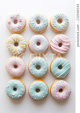Assorted glazed donuts in pastel colors, perfect for bakery marketing and food photography, AI Generated. 110500345
