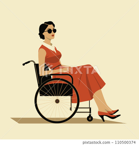 A stylish woman in a red dress sits in a wheelchair in this vector illustration. 110500374