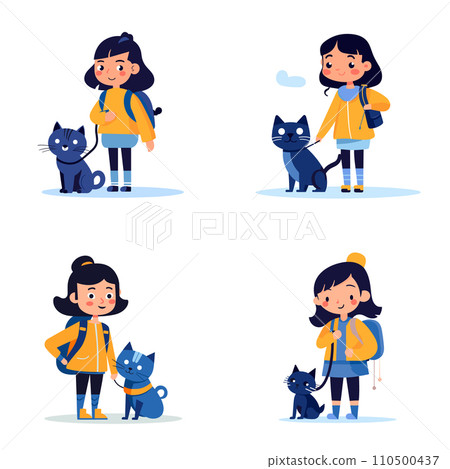 A girl in different poses with a blue cat is depicted in this vector illustration. 110500437