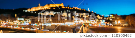 Night Boke Bokeh Blurred Ancient Fortress Narikala In Old Town Of Tbilisi. Caucasus. Tbilisi, Georgia Scenic Panoramic View Of Impregnable Fortress Narikala Fortress. Abstract Blurred Bokeh Night Boke Bokeh Blurred Ancient Fortress Narikala In Old Town Of Tbilisi. Caucasus. Tbilisi, Georgia Scenic Panoramic View Of Impregnable Fortress Narikala Fortress. Abstract Blurred Bokeh 110500492