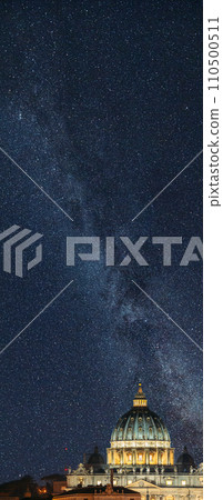 Rome, Italy. Papal Basilica Of St. Peter In The Vatican In Night Illuminations. Panoramic View milky way, night star sky, cosmos, space 110500511