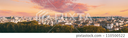 Rome, Italy. Cityscape Skyline With Pantheon, Altar Of The Fatherland And Other Famous Lanmarks In Old Historic Town Rome, Italy. Cityscape Skyline With Pantheon, Altar Of The Fatherland And Other Famous Lanmarks In Old Historic Town 110500522