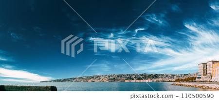 Terracina, Italy. Residential Area In Mergellina District. Hilly Cityscape In Summer Sunny Day Under Blue Cloudy Sky. Terracina, Italy. Residential Area In Mergellina District. Hilly Cityscape In Summer Sunny Day Under Blue Cloudy Sky. 110500590
