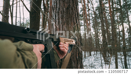Usa Soldier With Old Thompson Sub-machine Gun. Close-up View Detail On Thompson Sub-machine Gun In Hands Of Re-enactor Dressed As American Infantry Soldier. Usa Army Soldiers Of World War Ii 110500717