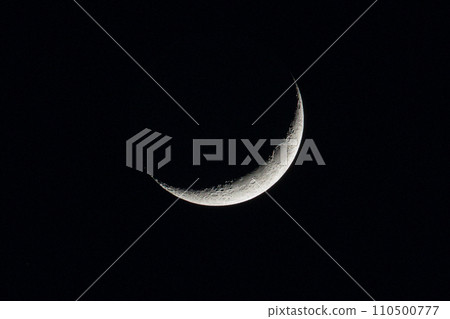 Waxing Crescent Moon. Moonlight In Night Sky. Bright Crescent Moon On Dark Black Night Sky. Amazing Night Sky Landscape And Moon, Stars. Real Sky With Crescent. Copy Space Waxing Crescent Moon. Moonlight In Night Sky. Bright Crescent Moon On Dark Black Night Sky. Amazing Night Sky Landscape And Moon, Stars. Real Sky With Crescent. Copy Space 110500777