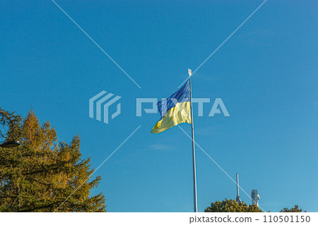Ukrainian flag against the blue sky Ukrainian flag against the blue sky 110501150