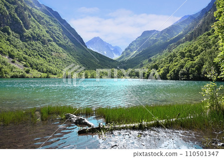 Amazing view of mountain lake in Dombay, Russia 110501347