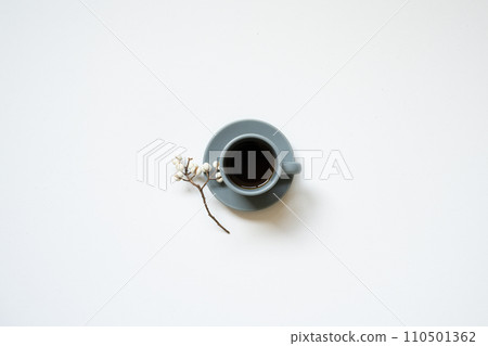 Cup of black coffee with dry branch on white background. top view 110501362