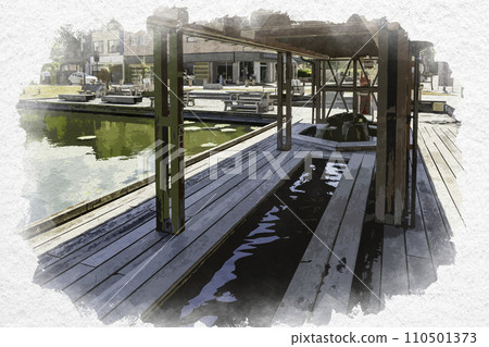 Watercolor style Kaga Katayamazu Onsen Sunabashiri Park Footbath Engawa Kaga City, Ishikawa Prefecture 110501373