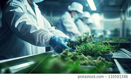 AI-generated content. close-up of person's hands wearing blue latex gloves, trimming marijuana leaves from branch. Leaves are resting on conveyor belt that moving past worker AI-generated content. close-up of person's hands wearing blue latex gloves, trimming marijuana leaves from branch. Leaves are resting on conveyor belt that moving past worker 110501386