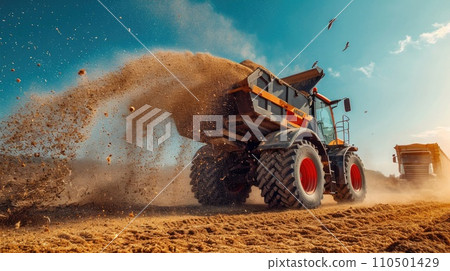 AI-generated content. Tractor driving through flooded rice paddy. Farming machine sprinkles something, irrigates ground before sowing. AI-generated content. Tractor driving through flooded rice paddy. Farming machine sprinkles something, irrigates ground before sowing. 110501429