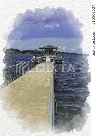 水彩風格 加賀片山津溫泉 芝山形浮見堂 石川縣加賀市 110501524