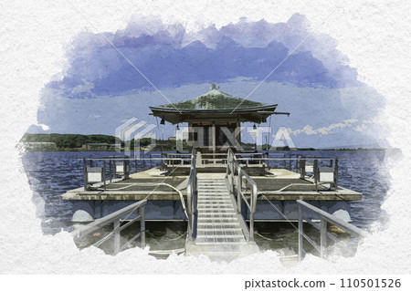 水彩風格 加賀片山津溫泉 芝山形浮見堂 石川縣加賀市 水彩風格 加賀片山津溫泉 芝山形浮見堂 石川縣加賀市 110501526