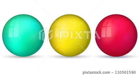 Set with glass colorful balls. Glossy realistic ball, 3D abstract vector illustration highlighted on a white background. Big metal bubble with shadow 110501590