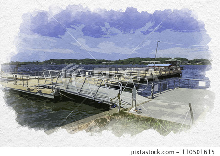 Watercolor style Kaga Katayamazu Onsen Shibayamagata floating pier Kaga City, Ishikawa Prefecture 110501615
