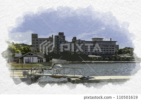 Watercolor style Kaga Katayamazu Onsen Shibayamagata floating pier Kaga City, Ishikawa Prefecture 110501619