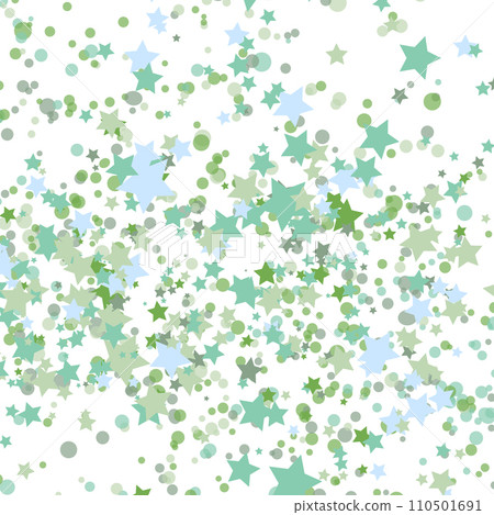 Stars green glitter confetti isolated on blurred abstract white background. Festive holiday background. Celebration concept. Falling magic gold particles. Invitation mock up. Top view, flat lay 110501691