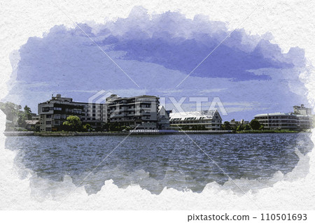 Watercolor style Kaga Katayamazu Onsen Shibayamagata and hot spring town Kaga City, Ishikawa Prefecture 110501693