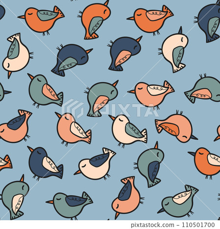 Seamless pattern with funny colorful birds. Color flat vector illustration with little cartoon bird. Cute characters. Template design for invitation, poster, card, flyer, textile, fabric for kids 110501700