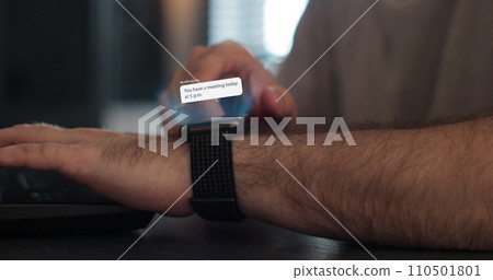 Close up of man hands checking 3d rendering incoming notification on smart watch. Incoming text message received on smart watch. Social media networking technology concept. 110501801