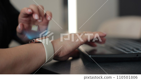 Close up of woman hands checking 3d rendering incoming notification on smart watch. Incoming text message received on smart watch. Social media networking technology concept. Close up of woman hands checking 3d rendering incoming notification on smart watch. Incoming text message received on smart watch. Social media networking technology concept. 110501806