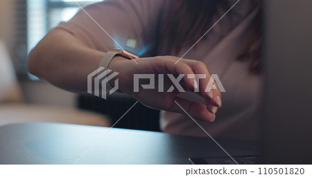 Close up of woman hands checking 3d rendering incoming notification on smart watch. Incoming text message received on smart watch. Social media networking technology concept. Close up of woman hands checking 3d rendering incoming notification on smart watch. Incoming text message received on smart watch. Social media networking technology concept. 110501820