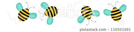 Set of cartoon bee mascot. A small bees flying on a dotted route. Wasp collection. Vector characters. Incest icon. Template design for invitation, cards. Doodle style Set of cartoon bee mascot. A small bees flying on a dotted route. Wasp collection. Vector characters. Incest icon. Template design for invitation, cards. Doodle style 110501891