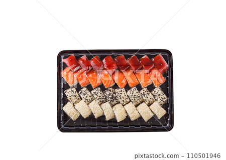 Sushi set in a delivery box on a white background Sushi set in a delivery box on a white background 110501946