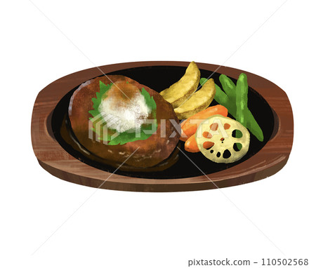 餐廳煎鍋上供應的日式漢堡牛排的插圖 110502568
