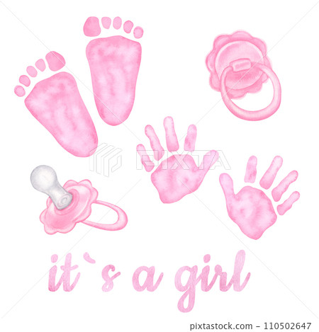 Little pink palm, handprint, footprint. Pacifier, dummy for newborn. It is a girl. Baby shower, gender reveal party. Hand drawn watercolor illustration isolated on white background. 110502647