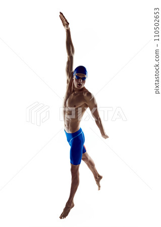 Male swimming athlete with muscular strong relief body isolated over white background. Aquatic sports. Poster for sport events 110502653