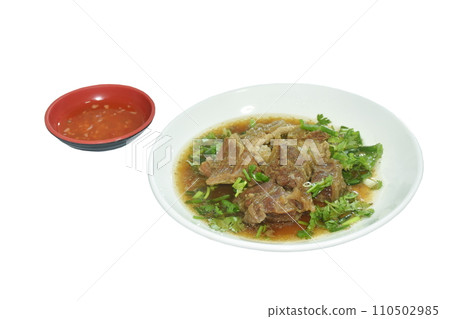 braised beef meat stew topping slice parsley and spring onion on plate dipping chili sauce braised beef meat stew topping slice parsley and spring onion on plate dipping chili sauce 110502985