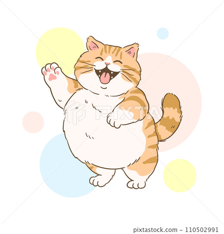 歡快的跳舞虎斑貓與彩色圓圈背景 110502991