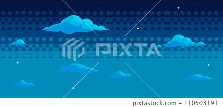 Pixel art night sky background with stars and clouds. Retro video arcade 8-bit style. Pixel art night sky background with stars and clouds. Retro video arcade 8-bit style. 110503191