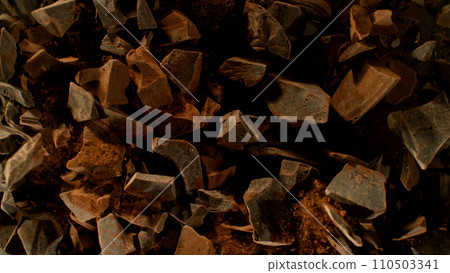 Freeze Motion Shot of Exploding Chocolate Chunks, Macro Shot 110503341