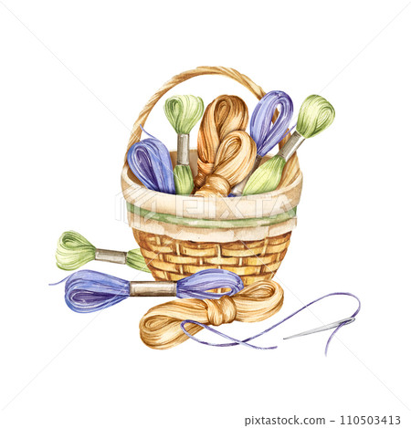 watercolor composition with embroidery tools, hand drawn sketch of handiwork with needlework basket, pastel flosses, green, brown, lilac yarn, skein of thread isolated on white background watercolor composition with embroidery tools, hand drawn sketch of handiwork with needlework basket, pastel flosses, green, brown, lilac yarn, skein of thread isolated on white background 110503413