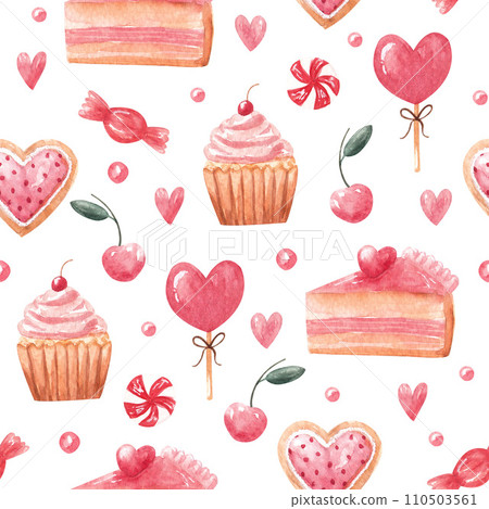 Watercolor hand drawn pattern with sweets as pie, lollipop, cupcake, cooky. Cartoon wallpaper in red, pink colors for St.Valentine day 110503561