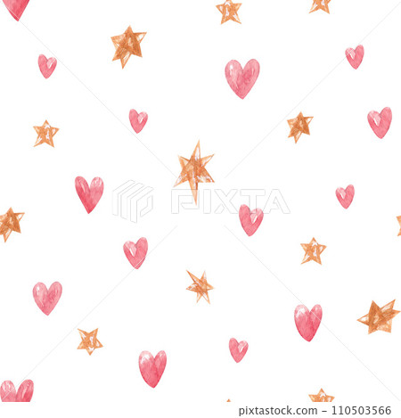 Hand drawn watercolor pattern with pink hearts and golden stars. Simple cute wallpaper for textile, wrapping paper, print Hand drawn watercolor pattern with pink hearts and golden stars. Simple cute wallpaper for textile, wrapping paper, print 110503566