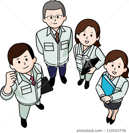 四名穿著工作服的男女組成一個團隊在工作 四名穿著工作服的男女組成一個團隊在工作 110503736