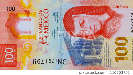 New Mexican money bills currency Mexico 100 pesos banknote close up New Mexican money bills currency Mexico 100 pesos banknote close up 110503761