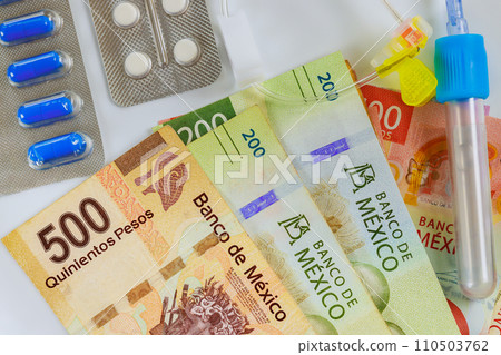 Expensive cost medicine treatment in Mexico with Mexican cash banknotes, medicine drugs pills 110503762