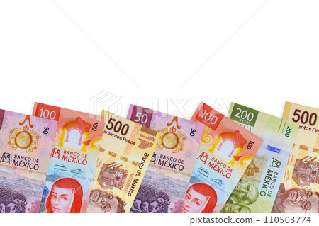 Various denominations of Mexican money, such as 500, 200, 100, 50, 20 peso national cash 110503774