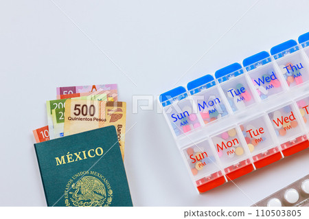 Expensive treatment in Mexico passport, pesos banknotes of Mexico, medical pills 110503805