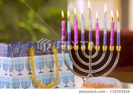 Festival Hanukkah of lights religious holiday symbol Hanukkiah Menorah lit candles 110503836