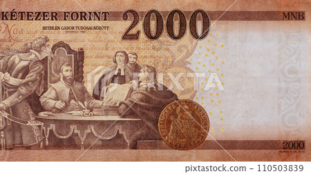 This is banknote featuring national currency of Hungary, two thousand forint back view This is banknote featuring national currency of Hungary, two thousand forint back view 110503839