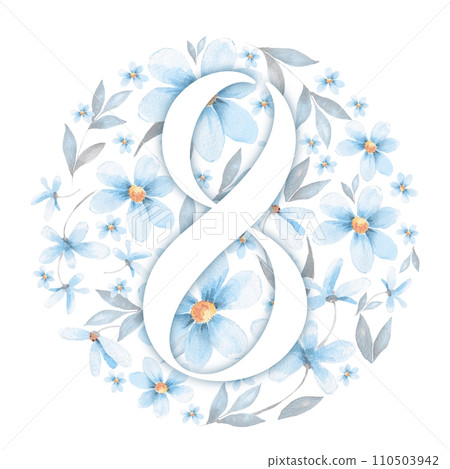 8 March greeting card template with number eight, blue flowers and leaves. Happy International Women's Day. Hand drawn illustration for poster, banner, social media 8 March greeting card template with number eight, blue flowers and leaves. Happy International Women's Day. Hand drawn illustration for poster, banner, social media 110503942
