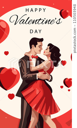 Valentines day greeting card, cute poster. Vector illustration of a couple in love. Flyer, invitation, poster, brochure, banner. 110503948