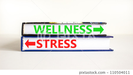 Wellness or stress symbol. Concept word Wellness or Stress on beautiful books. Beautiful white table white background. Healthy and Wellness or stress concept. Copy space. 110504011