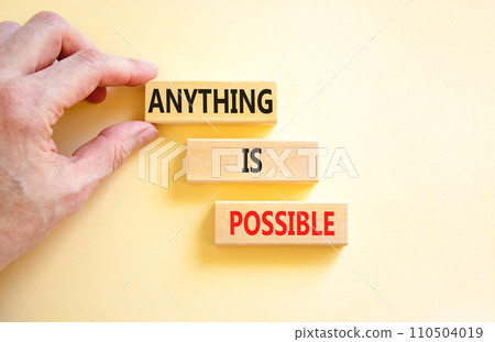 Anything is possible symbol. Concept words Anything is possible on beautiful wooden blocks. Beautiful white table white background. Businessman hand. Business anything possible concept. Copy space. 110504019